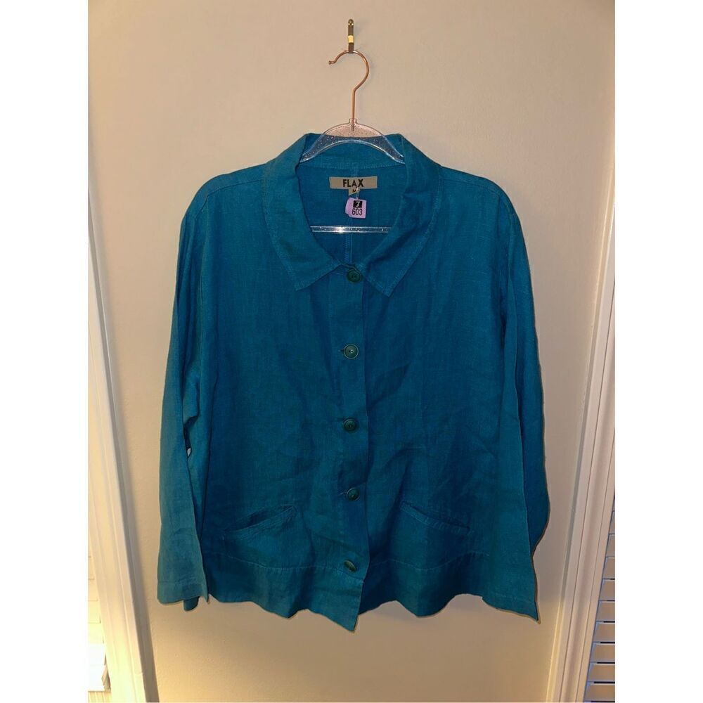 Flax Womens Blue Linen Button Top Blouse Medium